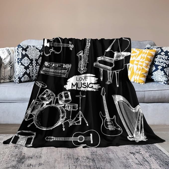 Music Blanket Drums Piano Guitar Black White Abstract Art Printed Soft Cozy Lightweight Throw Blanket for Kids Girls Boys Women Bedroom Living Room Dorm Chair Sofa Travel 70x80in