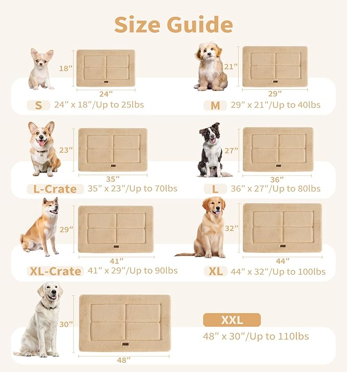 MADE 4 PETS Dog Crate Pad Bed for Small Dogs, Washable & Reversible, Anti-Slip Kennel Mat for Cozy Sleeping, Soft Fluffy Dog Bed for Indoor & Outdoor Use, 24"x18", Khaki