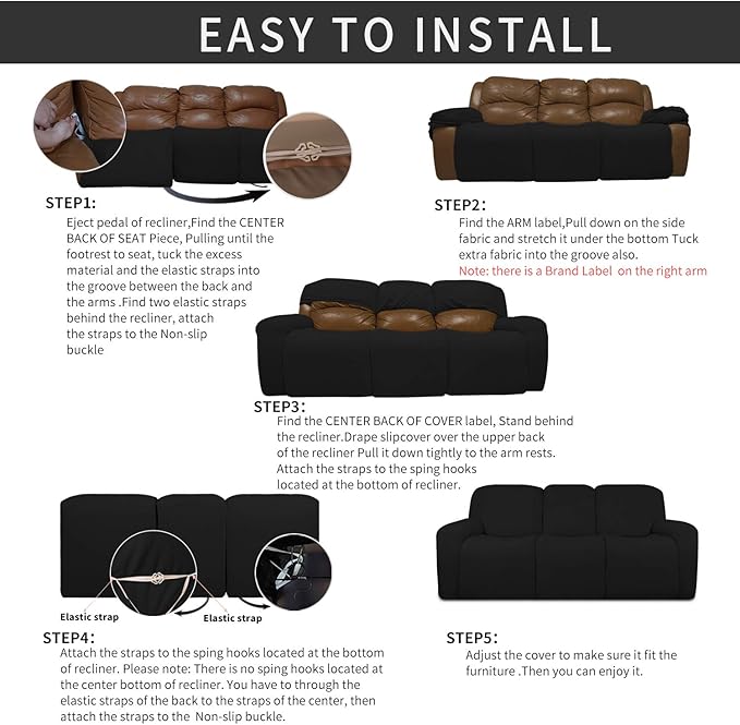 Easy-Going 8 Pieces Recliner Sofa Stretch Sofa Slipcover Sofa Cover Furniture Protector Couch Soft with Elastic Bottom Kids, Spandex Jacquard Fabric Small Checks Black