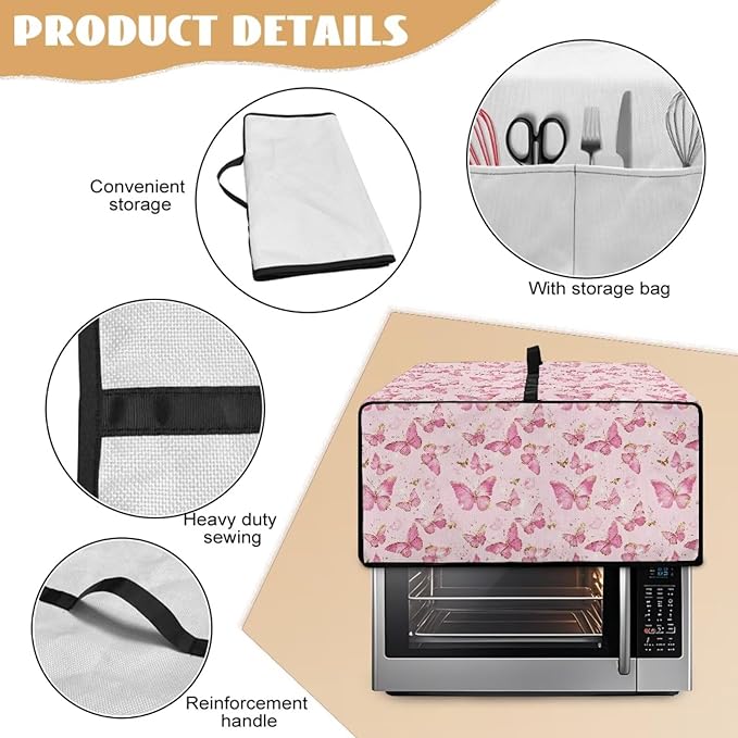 Pink Butterfly Print Microwave Oven Dust Cover Polyester-Linen Fabric Dust Cover for Microwave Oven Universal Dust-Proof Kitchen Appliance Protector Fits Most Microwaves, L