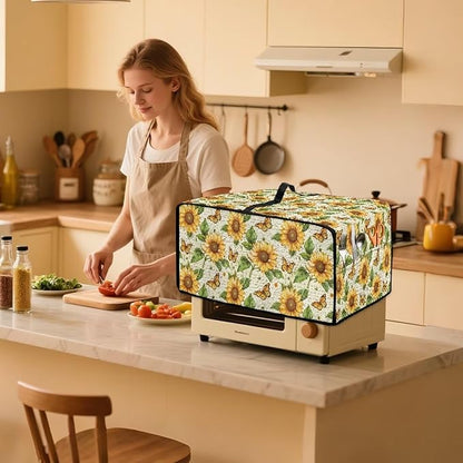 Countertop Convection Oven Cover Dust-Proof Toaster Oven Cover with Accessories Pockets, Countertop Convection Oven Protector, S, Sunflower Butterfly Retro Letter Print