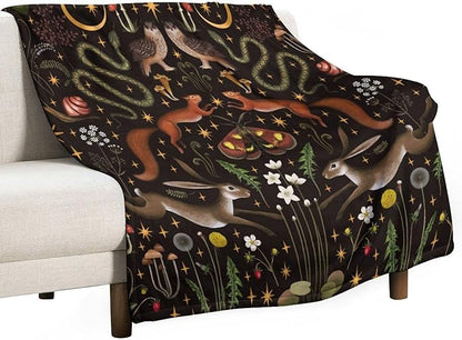 Rustic Forest Throw Blanket, Fairy Tale Forest Land Wild Animals Moths Flowers Moon Star Soft Flannal Blanket for Adult Kids Bed Couch Sofa, 60"x80"