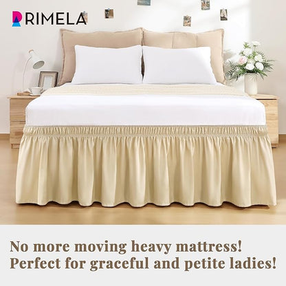 RIMELA Beige White Bed Skirt King Size 18 Inch Drop, Elastic Bed Skirting for Bed Base and Frame, Bedding Dust Ruffle Easy to Install, Lightweight Wrap Around Adjustable Bedskirt