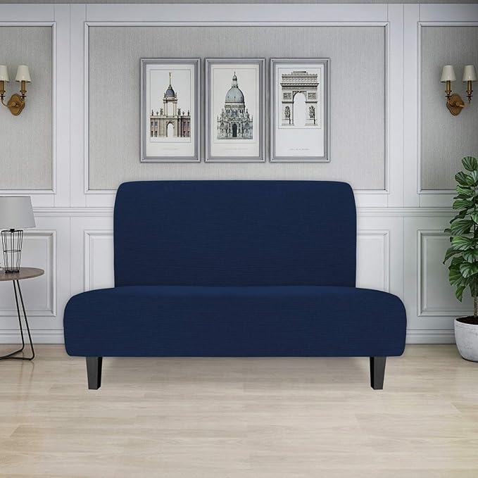 Easy-Going Stretch Futon Slipcover Armless Futon Bed Cover Furniture Protector Without Armrests with Elastic Bottom for Kids, Soft Jacquard Fabric Small Checks (Medium, Navy)