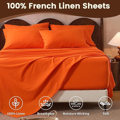 100% Linen Sheet Set Cal King Size Extra Deep Pocket Fits 18-24 Inch Mattress, Breathable & Soft, Smooth 6-Piece Set for Thick Mattresses Hotel Luxury Bedding（Cal King, Orange）