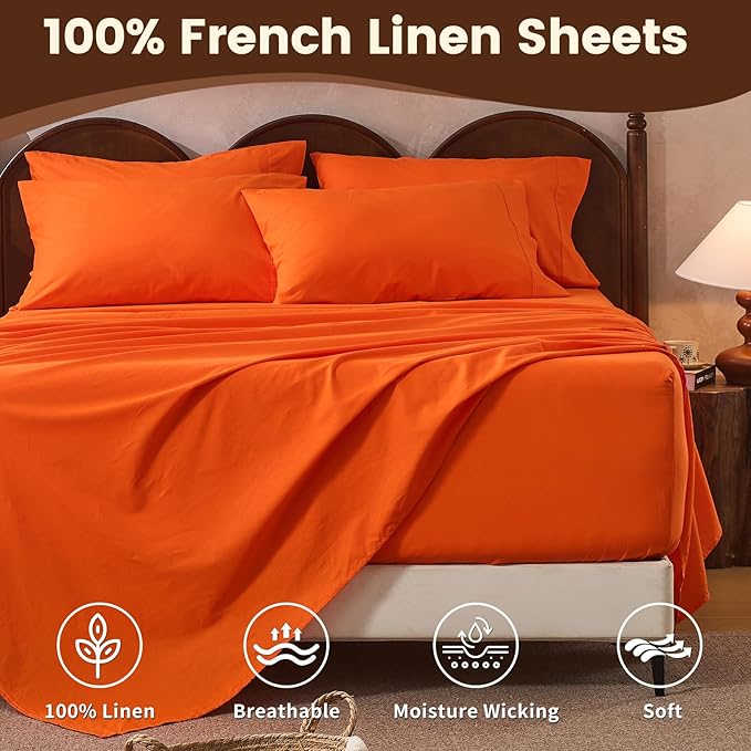 100% Linen Sheet Set King Size Extra Deep Pocket Fits 18-24 Inch Mattress, Breathable & Soft, Smooth 4-Piece Set for Thick Mattresses Hotel Luxury Bedding（King, Orange）