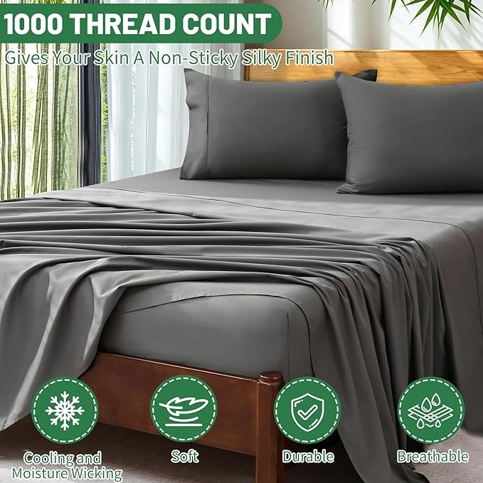 Extra Deep Pocket California King Sheets 18-24 Inch 100% Egyptian Cotton 1000 Thread Count Sateen Weave Soft Breathable 4 Pieces（Cal King,Dark Grey）