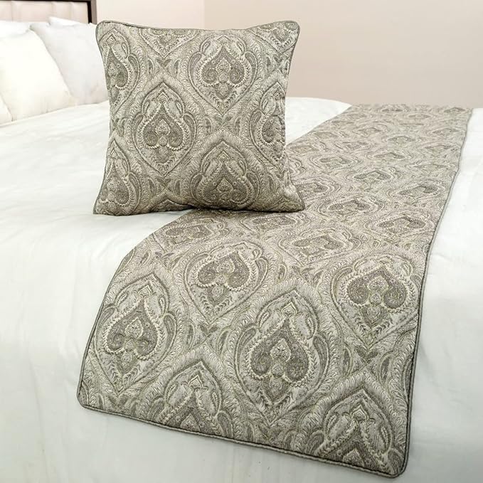 The HomeCentric King/Queen/Twin Grey Decorative King 90"x18" Bed Runner Without Pillow Cover, Quilted, Damask& Gold Zari Embroidery Bed Scarf on Silk Fabric - Winifred