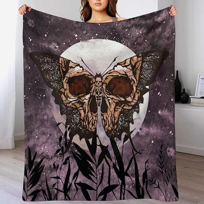 Death Moth Blanket, Boho Gothic Skull Moth Purple Starry Plant Full Moon Mysterious Witchy Throw Blanket for Couch Sofa Office Bed Travelling Bed Throws, 30"x40"