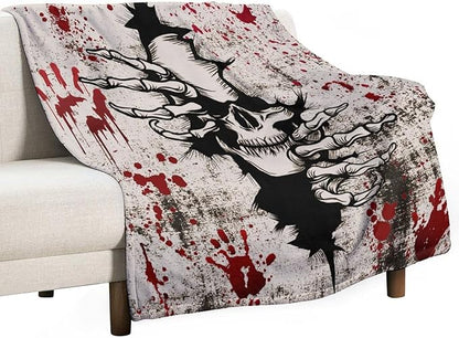 Horror Skull Throw Blanket, Halloween Day of The Dead Vintage Gothic Scary Blood Hand Soft Warm Fleece Blanket for Bed Couch Living Room All Season, 60"x80"