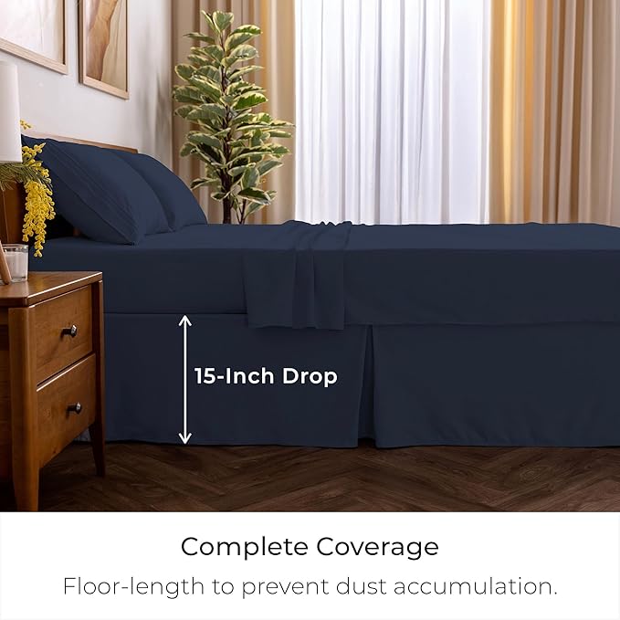 Mellanni Bed Skirt Cal King Size- Bed Skirting - 15-Inch Tailored Drop Pleated Dust Ruffle - Hotel Luxury Bedding - Wrinkle, Fade, Stain Resistant - 1 Bedskirt (Cal King, Navy Blue)