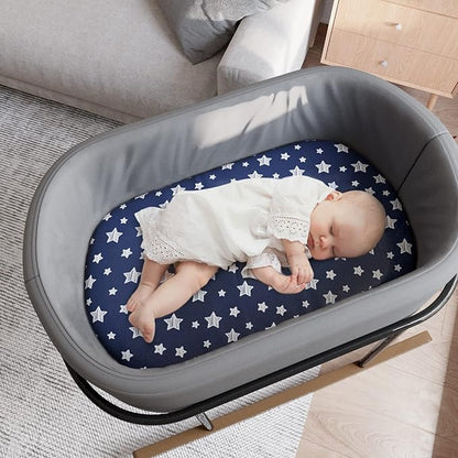 Bassinet Sheets & Waterproof Bassinet Mattress Pad Protector 4 Pack Set, Viscose Terry, Universal Fit for Oval, Hourglass and Rectangular Mattress, Grey & Navy