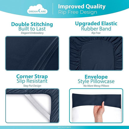 DREAMCARE Twin XL Sheet Sets – 3pcs Cooling Sheets – up to 15” Deep Pocket Twin XL Sheets Set – Hotel Luxury Sheets & Pillowcases – Superior Softness 100% Fine Microfiber with Side Pocket – Navy Blue