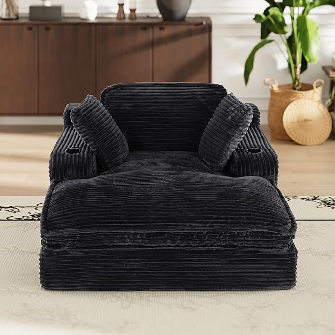 67" Chaise Lounge Chair Indoor, Cozy Oversized Fluffy Sofa with Cup Holders & Throw Pillows, Boneless Sleeper Cloud Couch for Living Room, Movie Room and Apartments, Black