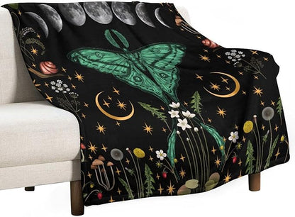 Moon Phase Moth Blanket, Vintage Botanical Mushroom Wildflower Gothic Night Moonlit Mysterious Witchy Throws Blanket for Sofa Bed Couch Chair, 60"x80"