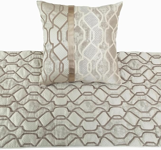 The HomeCentric King/Queen/Twin Ivory & Silver Decorative King 90"x18" Bed Runner Without Pillow Cover, Lattice & Quilted Bed Scarf on Jacquard Silk Fabric - Ivory Delicacy