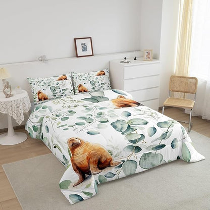 Erosebridal Cartoon Seal Toddler Bedding Sets Toddler Ocean Wildlife Comforter Set, Spring Plant Bedding Comforter Sets Eucalyptus Leaf Duvet Insert, Sea Animal Theme Down Comforter Kids Room Decor