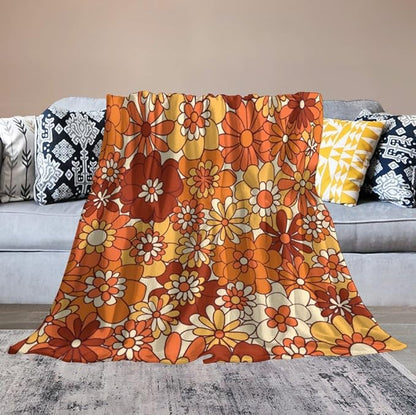 Vintage 70s Throw Blanket, Boho Hippie Bright Orange Flowers Groovy Abstract Funny Art Print Blanket for Couch Sofa Bed 30"x40"