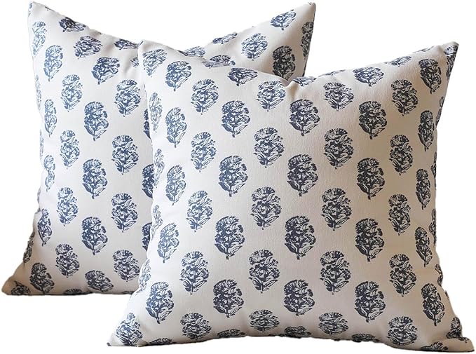 DOMVITUS Set of 2 Floral Pillow Covers 20x20, Block Print Pillow Covers Vintage Neutral Decorative Farmhouse Throw Pillow Covers for Couch Bed Living Room Dusty Blue
