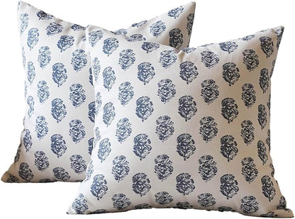 DOMVITUS Set of 2 Floral Pillow Covers 24x24, Block Print Pillow Covers Vintage Neutral Decorative Farmhouse Throw Pillow Covers for Couch Bed Living Room Dusty Blue