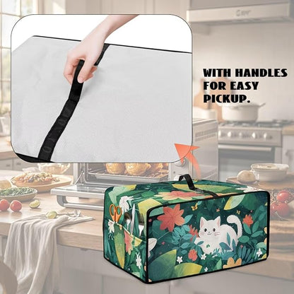 Air Fryer Toaster Oven Dust Cover Protective Convection Oven Cover with Pockets and Handle for Kitchen Countertop, L, 18.5 x 22.5 x 13 Inches, White Cat Green Leaf Flower