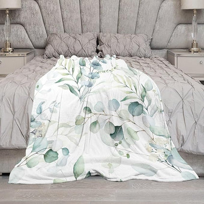 Eucalyptus Leaf Throw Blanket, Watercolor Floral Spring Botanical Green Plants Herb Print Cozy Plush Blanket for Bedroom Living Rooms Sofa Couch, 40"x50"