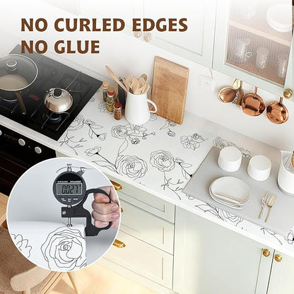 Shelf Liners for Kitchen Cabinets 12in x 20FT Non Adhesive Drawer Liner Black and White Floral Thickened Shelf Liner Paper Strong Non-Slip Easy to Clean for Tool Box with Knife and Tape Measure