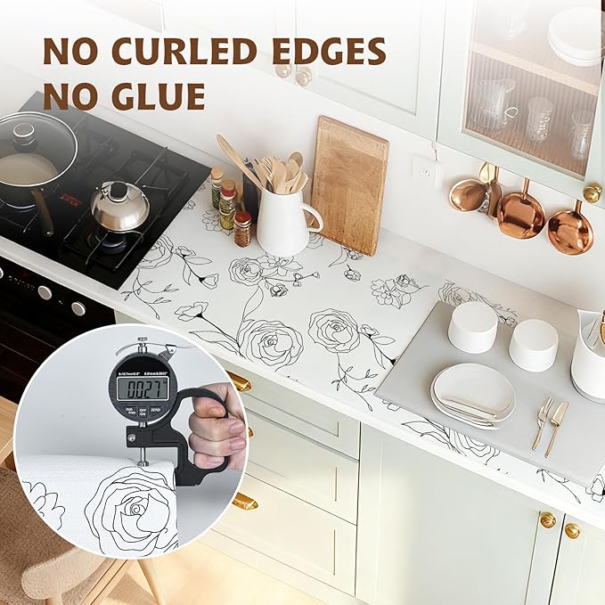Shelf Liners for Kitchen Cabinets 17in x 20FT Non Adhesive Drawer Liner Black and White Floral Thickened Shelf Liner Paper Strong Non-Slip Easy to Clean for Tool Box with Knife and Tape Measure