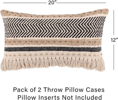 REDEARTH · Boho Textured Throw Pillow Cushion Covers - Lumbar Woven Tufted Decorative Farmhouse Cases Set for Couch, Sofa, Bed, Chair, Dining, Patio, Outdoor; 100% Cotton (12"x20", Black) Pack of 2