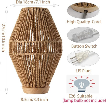 Boho Table Lamps for Bedroom & Living Room - Small Natural Woven Basket Lanterns with Paper String Shades