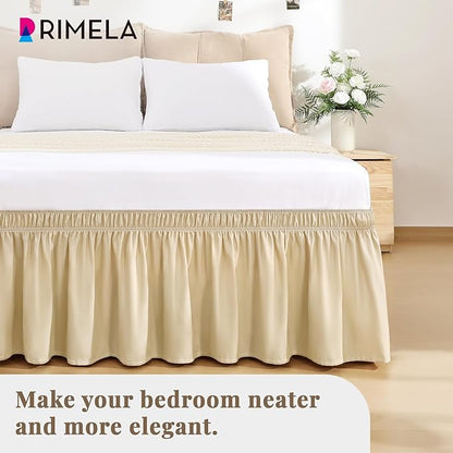 RIMELA Beige White Bed Skirt Queen Size 15 Inch Drop, Elastic Bed Skirting for Bed Base and Frame, Bedding Dust Ruffle Easy to Install, Lightweight Wrap Around Adjustable Bedskirt