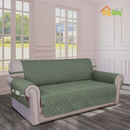 Easy-Going Waterproof Oversized Loveseat Covers Leakproof Couch Cover for 2 Cushion Couch Sofa Cover Washable Sofa Slipcover Non-Slip Furniture Protector with Pocket for Pet(Medium-XL, Greyish Green)