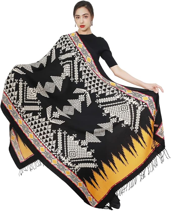 DANA XU 100% Merino Wool Pashmina Shawl for Women 96"x43", Oversized Cashmere Wrap with Tassels, Floral Travel Blanket Cape