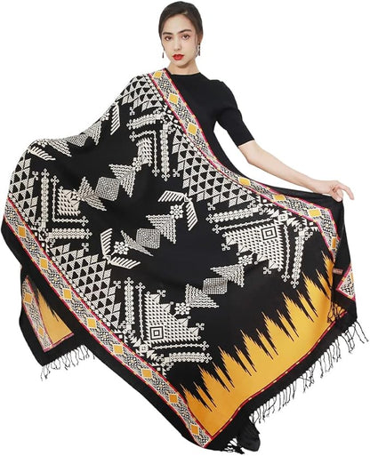 DANA XU 100% Merino Wool Pashmina Shawl for Women 96"x43", Oversized Cashmere Wrap with Tassels, Floral Travel Blanket Cape