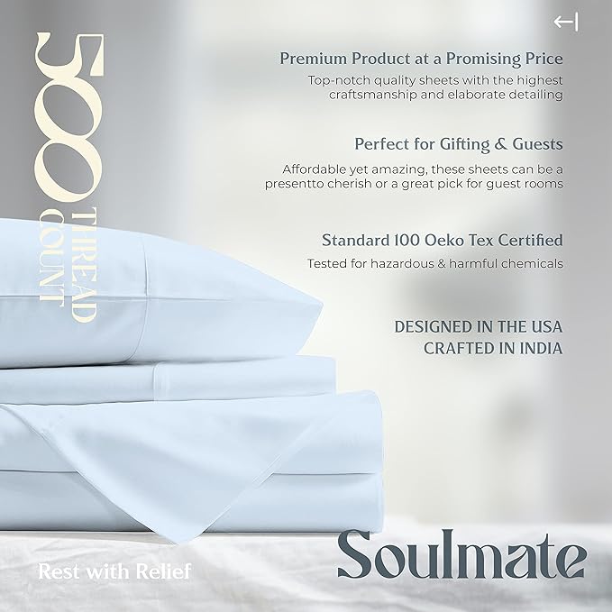 Mayfair Linen 100% Cotton Bed Sheets King Sheet Set - 500 Thread Count Sheets King Size 4 PC Set (Light Blue), Soft, Cooling, Hotel-Quality 16" Deep Pocket Sateen Cotton Bedsheet for Hot Sleepers