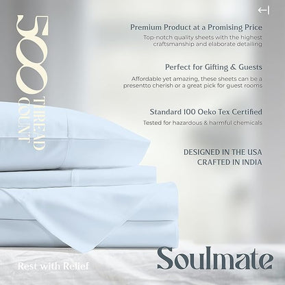 Mayfair Linen 100% Cotton Bed Sheets Full Sheet Set - 500 Thread Count Sheets Full Size 4 PC Set (Light Blue), Soft, Cooling, Hotel-Quality 16" Deep Pocket Sateen Cotton Bedsheet for Hot Sleepers