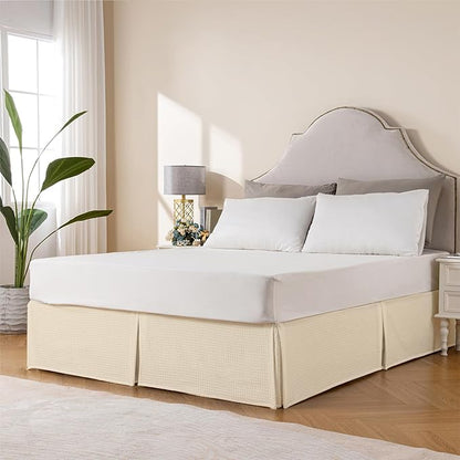 MIYE Pleated Waffle Weave Bed Skirt, Tailored Dust Ruffle 12 Inch Drop Easy Fit, Machine Washable,No Split Corners (Light Beige, King - 12" Drop)