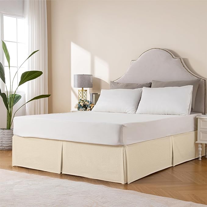 MIYE Pleated Waffle Weave Bed Skirt, Tailored Dust Ruffle 12 Inch Drop Easy Fit, Machine Washable,No Split Corners (Light Beige, Queen - 12" Drop)