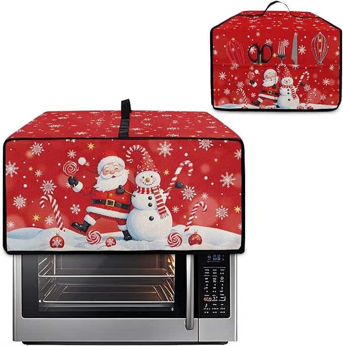 Christmas Toaster Oven Dust Cover Dustproof Smart Oven Air Fryer Microwave Cover with Side Pockets, Electric Appliance Protector for Kitchen, S, Santa Claus Snowman Candy Cane Red