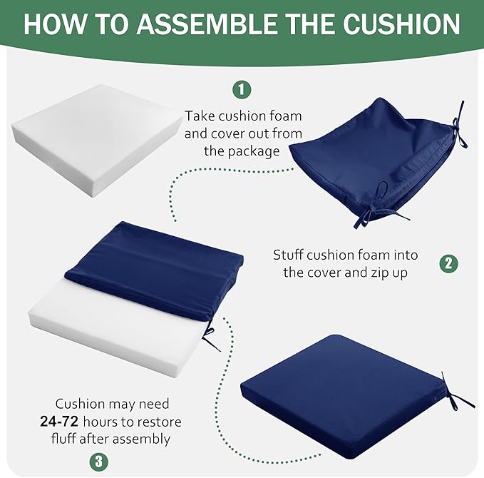 Outdoor Chair Cushions Set of 2: Waterproof & Fade Resistant Deep Seat Cushion for Patio Furniture - 24 x 24 x 3 Inch Chair Pads with Ties and Hidden Zipper - Patio Chair Cushion Replacement, Navy