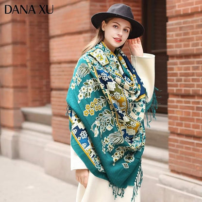 DANA XU 100% Merino Wool Pashmina Shawl for Women 96"x43", Oversized Cashmere Wrap with Tassels, Floral Travel Blanket Cape