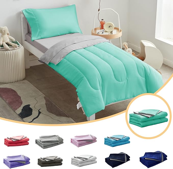 UOZZI BEDDING 4 Pieces Toddler Bedding Set Ultra Soft and Breathable Toddler Sheet Set - Includes Comforter, Flat Sheet, Fitted Sheet and Pillowcase - Teal/Green & Gray
