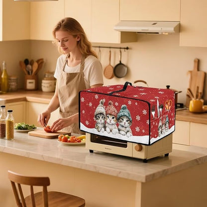 Toaster Oven Cover Dustproof Protective Countertop Convection Oven Cover with Side Pockets for Christmas Holiday Decorations, L, 18.5 x 22.5 x 13 Inches, Cat Snowflake Red