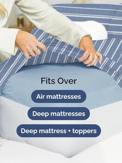 Extra Deep Pocket Twin XL Sheets - 3 Piece Breathable & Cooling Bed Sheets - Hotel Luxury Bed Sheet Set - Soft, Wrinkle Free & Comfy - Easily Fits Extra Deep Mattresses - Blue Striped Sheets Set