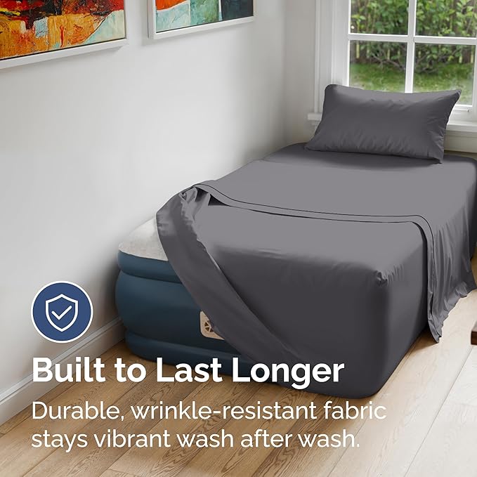 Air Mattress Sheet Set for Twin Size - 3 Piece Breathable & Cooling Sheets w/Extra Deep Pockets - Fits Inflatable & Blow Up Air Mattresses Up to 24 Inches Thick - Soft and Wrinkle Free - Dark Grey