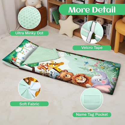 Toddler Nap Mat Kids Sleeping Bag 59‘’×24‘’, Soft Slumber Bag with Removable Pillow for Kids Girls Boys,Roll Up Sleeping Mat Lightweight for Camping,Daycare, Kindergarden