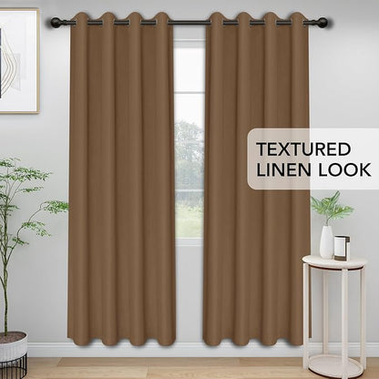 Easy-Going Linen Look Blackout Curtain Grommet Window Curtain Drapes for Bedroom, Living Room Thermal Insulated Room Darkening (2 Panels, 52x96 inch, Brown)