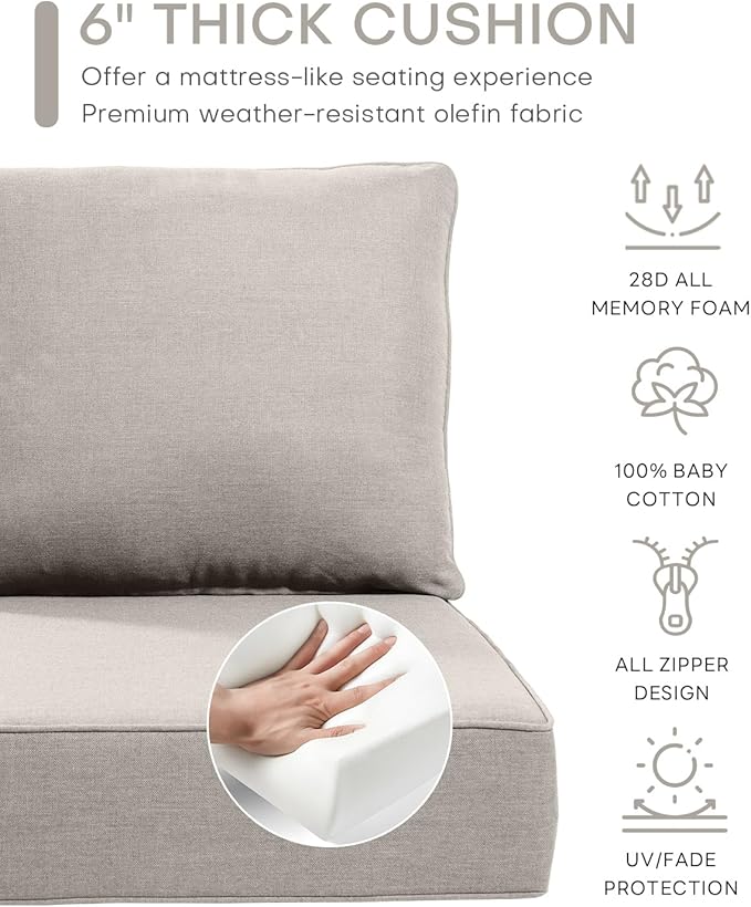 Luxury 22x24/22x25 6-Inch Outdoor Cushions - Water Resistant 1 Set Zippered Patio Chair Back&Seat Cushion for Wicker Dining Rocking Swivel Chairs Loveseat Couch Sectional Sofa - Beige