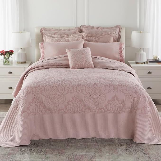BrylaneHome Bedding Lightweight All Season Modern Amelia Quilted Damask Oversized Ultra Soft Bedspread - Full, Berry