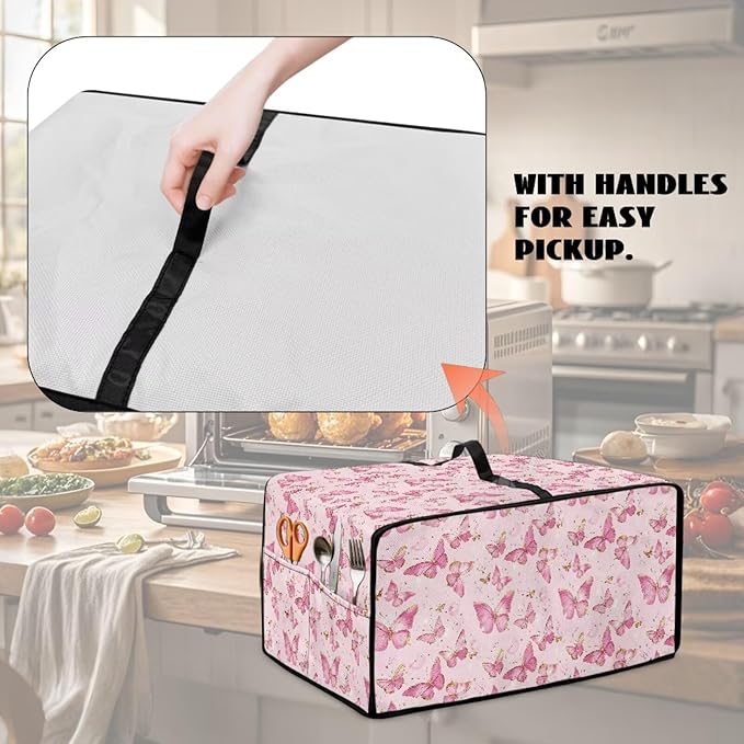 Pink Butterfly Print Microwave Oven Dust Cover Polyester-Linen Fabric Dust Cover for Microwave Oven Universal Dust-Proof Kitchen Appliance Protector Fits Most Microwaves, S